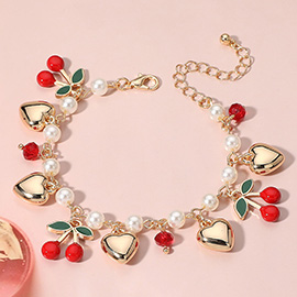 Enamel Cherry Metal Heart Charm Station Pearl Link Bracelet