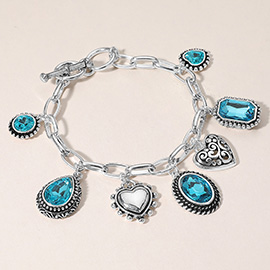Teardrop Oval Round Stone Metal Heart Charm Station Toggle Bracelet