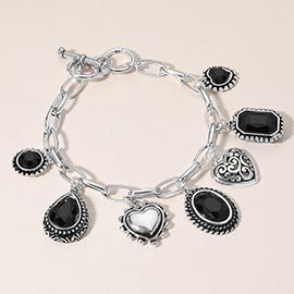 Teardrop Oval Round Stone Metal Heart Charm Station Toggle Bracelet