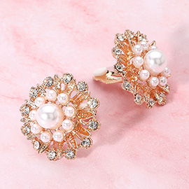 Stone Pearl Embellished Flower Clip On Earrings