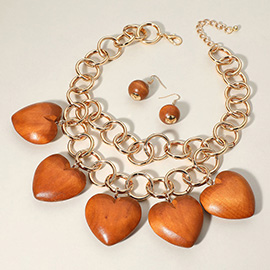 Chunky Wooden Heart Charm Station Layered Chain Necklace
