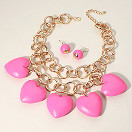 Chunky Wooden Heart Charm Station Layered Chain Necklace