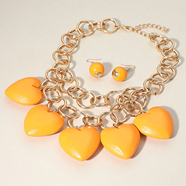 Chunky Wooden Heart Charm Station Layered Chain Necklace