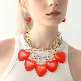 Chunky Wooden Heart Charm Station Layered Chain Necklace