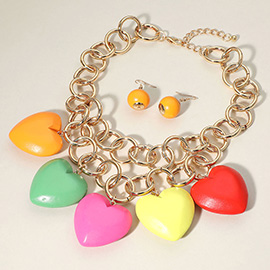 Chunky Wooden Heart Charm Station Layered Chain Necklace