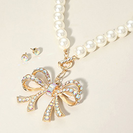 Stone Paved Bow Pendant Pearl Beaded Necklace