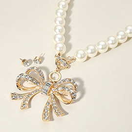 Stone Paved Bow Pendant Pearl Beaded Necklace