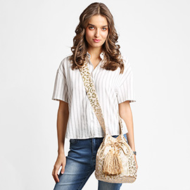 Leopard Straw Tassel Crossbody Bucket Bag