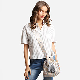 Leopard Straw Tassel Crossbody Bucket Bag