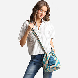 Striped Tassel Crossbody Bucket Bag