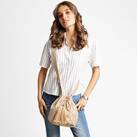 Boho Tribal Pattern Woven Tassel Drawstring Bucket Bag