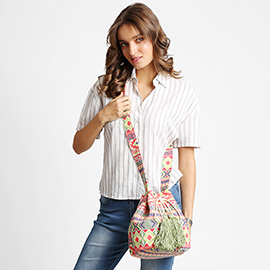 Boho Tribal Pattern Woven Tassel Crossbody Bucket Bag