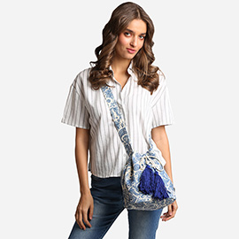 Boho Paisley Pattern Woven Tassel Crossbody Bucket Bag