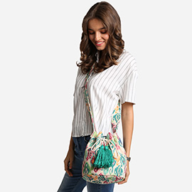 Boho Ikat Pattern Woven Tassel Crossbody Bucket Bag
