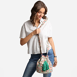 Boho Flower Pattern Woven Tassel Crossbody Bucket Bag