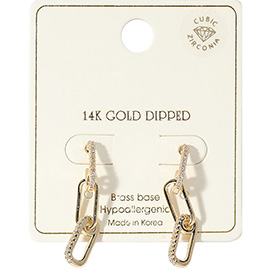 14K Gold Dipped CZ Stone Paved Paperclip Chain Drop Earrings