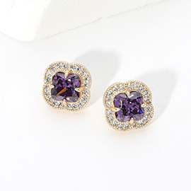 14K Gold Plated CZ Quatrefoil Stone Stud Earrings