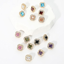 14K Gold Plated CZ Quatrefoil Stone Stud Earrings