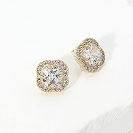 14K Gold Plated CZ Quatrefoil Stone Stud Earrings