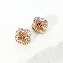 14K Gold Plated CZ Quatrefoil Stone Stud Earrings