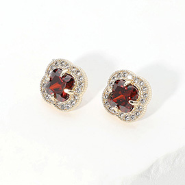 14K Gold Plated CZ Quatrefoil Stone Stud Earrings