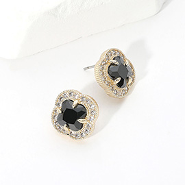 14K Gold Plated CZ Quatrefoil Stone Stud Earrings
