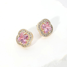 14K Gold Plated CZ Quatrefoil Stone Stud Earrings