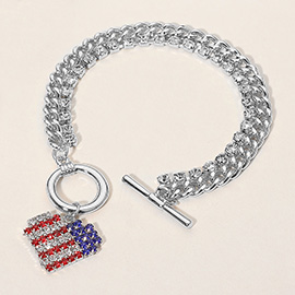 Stone Paved American USA Flag Charm Chunky Chain Toggle Bracelet