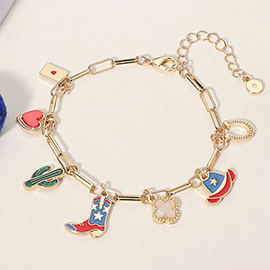 Enamel American USA Flag Western Cowboy Boot Hat cactus Heart Horseshoe Quatrefoil Charm Station Bracelet