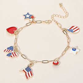 Enamel American USA Flag Bow Star Heart Evil Eye Charm Station Paperclip Chain Bracelet