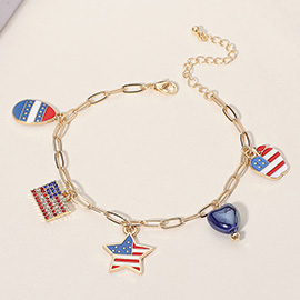 Enamel American USA Flag Star Apple Egg Heart Charm Station Paperclip Chain Bracelet
