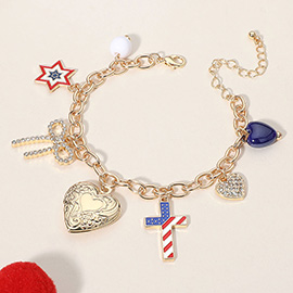 Enamel American USA Flag Cross Star Stone Paved Bow Metal Heart Locket Charm Station Bracelet
