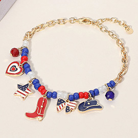 Enamel American USA Flag Bow Heart Western Cowboy Boot Hat Charm Station Beaded Bracelet