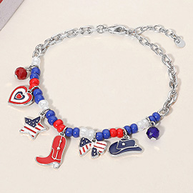 Enamel American USA Flag Bow Heart Western Cowboy Boot Hat Charm Station Beaded Bracelet
