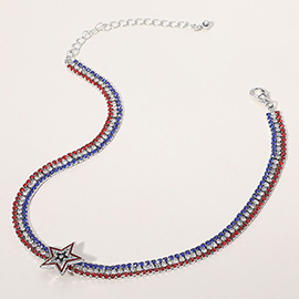 American USA Flag Colored Stone Embellished Star Pointed Choker Necklace