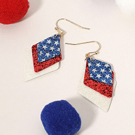 Glittered American USA Flag Triple Rhombus Layered Dangle Earrings