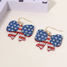 Glittered American USA Flag Bow Dangle Earrings