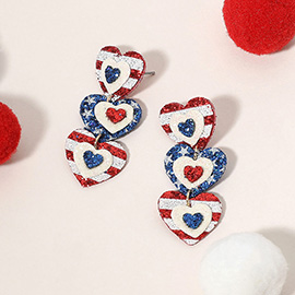 Glittered American USA Flag Triple Heart Link Drop Earrings