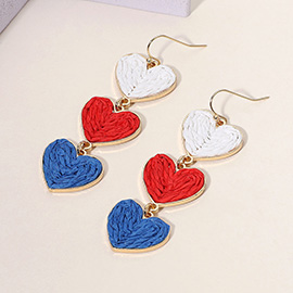 American USA Flag Triple Raffia Heart Link Dropdown Dangle Earrings