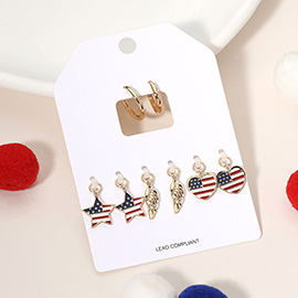 4Pairs - Enamel American USA Flag Star Heart Wing Interchangeable Charm Hoop Earrings