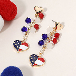 Enamel American USA Flag Heart Beaded Drop Chain Dangle Earrings