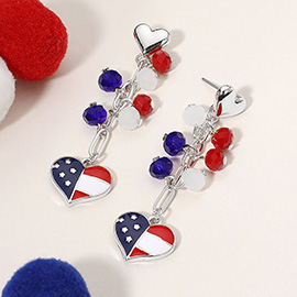 Enamel American USA Flag Heart Beaded Drop Chain Dangle Earrings