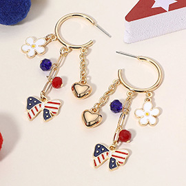 Enamel American USA Flag Bow Flower Metal Heart Drop Dangle Earrings