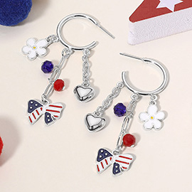 Enamel American USA Flag Bow Flower Metal Heart Drop Dangle Earrings