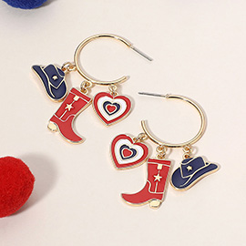 Enamel American USA Flag Western Boot Hat Heart Charm Dangle Hoop Earrings