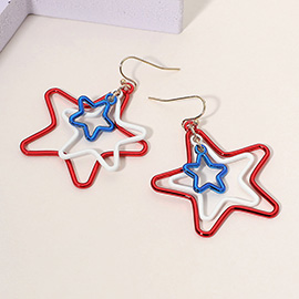 American USA Flag Colored Tiple Concentric Star Dangle Earrings