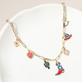 Enamel American USA Flag Western Cowboy Boot Hat Cactus Heart Quatrefoil Horseshoe Charm Station Paperclip Chain Necklace