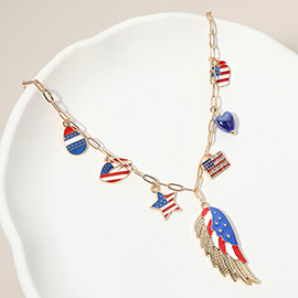 Enamel American USA Flag Wing Star Egg Heart Lips Apple Charm Station Paperclip Chain Necklace
