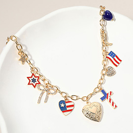 Enamel American USA Flag Heart Cross Star Bow Metal Heart Locket Charm Station Necklace