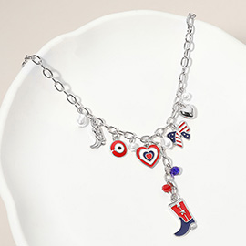 Enamel American USA Flag Western Cowboy Boot Bow Heart Pearl Charm Station Necklace